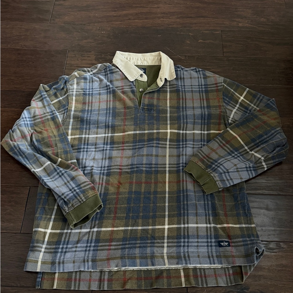Vintage 90s Dockers Mens L Plaid Flannel Rugby Shirt Cotton Long Sleeve